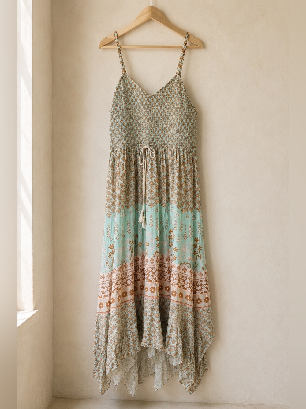 Spell Sweet Nothings Boho Tiered Maxi Dress Tan Aqua XXL NWT
